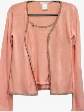 Vintage Collette Dinnigan Silk Twinset Beaded Cardigan Cami Set L Rare Pink
